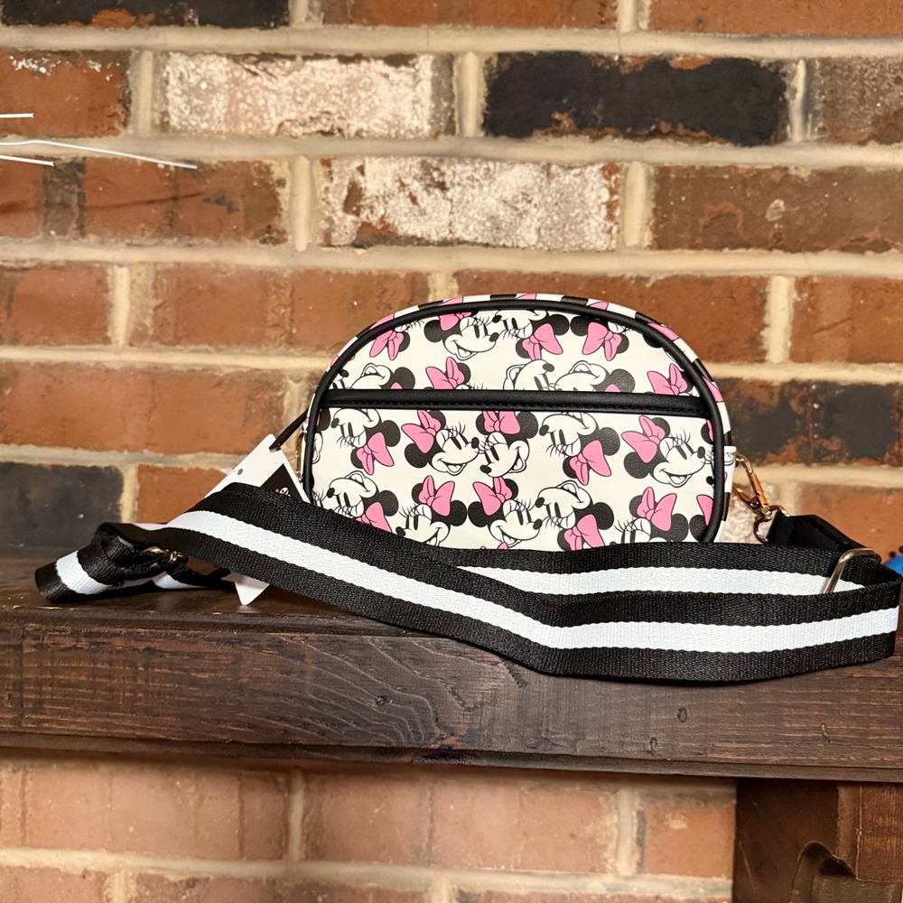 Disney Minnie Mouse Crossbody Bag Pink Bow White Black Striped Strap NWT
